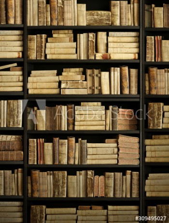 Picture of antique books on old wooden shelf